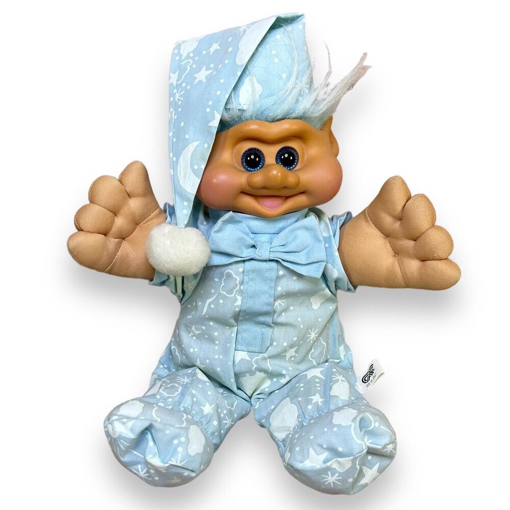 Vtg 1991 GAF Pajama Troll Doll Plush Soft Body Blue Nightcap Great American Fun